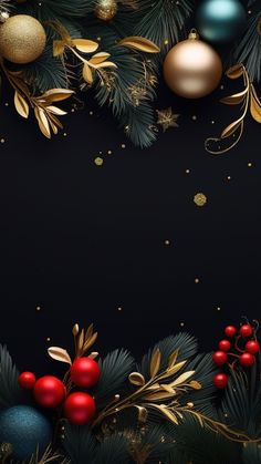 christmas decorations on a black background with gold and red baubles, holly leaves and berries