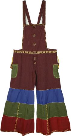 Be on the run like Mario, having comfort and some hippie style with these smart overalls! It is a pair of brown overalls with leg panels in blue, green, and red on the wide trouser legs highlighted with turmeric thread embroidery.  The length is adjustable up to 4 inches with the 3 different buttonholes on the straps and it has 2 functional pockets with yellow strings coming down to button up on. #tlb #Patchwork #Misses #Pocket #vacationclothing #Fall #bohemianfashion #fashiondeal 90s Hippie Fashion, Soft Emo, Brown Overalls, Boho Bottoms, Wide Leg Overalls, Cute Overalls, Simple Tank Tops, Shabby Chic Clothes, Diy Baby Clothes