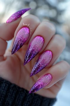 Pink And Purple Cat Eye Nails, Glitz And Glam Nails, Clear Accent Nail, Clear Gel Nails Designs, Hot Pink And Purple Nails, Pink And Purple Nails Designs, Purple Pink Nails, Purple Stiletto Nails, Pink And Purple Nails