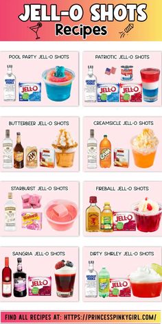 the ingredients for jello shots are shown in this poster