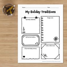 a printable holiday planner with the words, my holiday traditions on it and a cup of coffee next to it