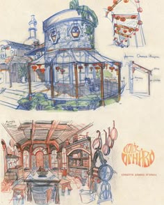 two drawings of an old fashioned restaurant