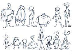 several sketches of people standing in different poses, all with hats and tails on their heads