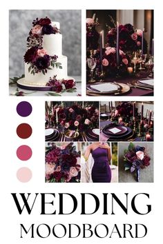 the wedding mood board is filled with purple and red flowers, candles, and cake