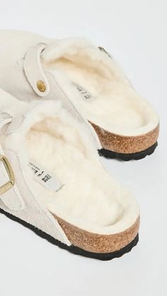 Birkenstock Boston Shearling Clogs In Antique White/Antique White | Editorialist Brikstocks Clogs, Burken Stocks Clog, Burken Stocks Clogs, Shopping Wishlist Aesthetic, Christmas List Shoes, First Date Dinner Outfit, Birkenstock Aesthetic, Random Things To Buy, Christmas List Inspo