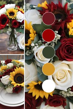 sunflowers, roses and other flowers are arranged in different colors