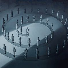 a group of people standing in the middle of a circle with their shadows on them