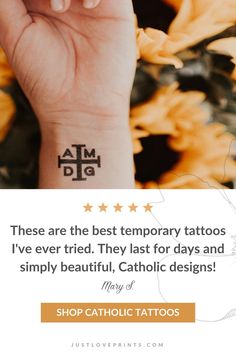 Image of AMDG temporary tattoo on the inside of a wrist with a 5 start review below that reads " These are the best temporary tattoos I've ever tried. They last for days and simply beautiful, Catholic designs!" 50th Birthday Tattoo Ideas, Totus Tuus Tattoo, Marian Tattoos Catholic, Small Catholic Tattoos For Women, Catholic Symbols Tattoo, Mary Tattoos Catholic, Roman Catholic Tattoos, Small Catholic Tattoos, Catholic Tattoos For Women