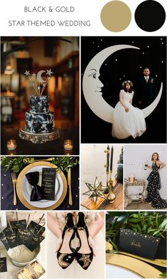 black and gold wedding mood board with stars, moon, and bride's dress