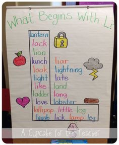 a bulletin board with words and pictures on it that read what begins with l?