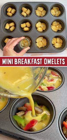 mini breakfast omelets in muffin tins being poured into the cupcake pan