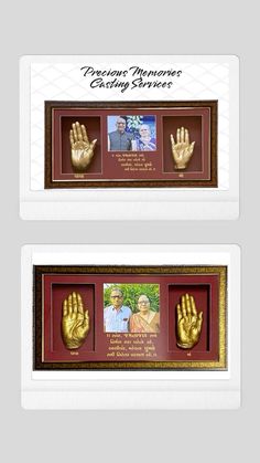 two framed pictures with gold hands and the words precious memories catering services on them, in front of a white background