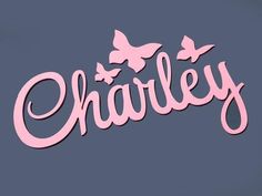 the word charliey written in pink with butterflies on it's back and bottom