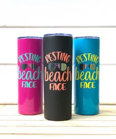 three different colored tumbles with the words resting beach face and restive beach face on them