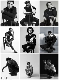 black and white photos of men sitting in chairs with their hands on their hipss