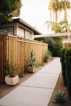 a wooden fence next to a house with potted plants on the sidewalk and trees