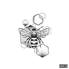 a black and white drawing of a bee with hexagons in the background