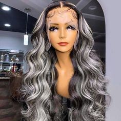 Highlight grey body wave wig do not have a weird smell, and the lace melts perfectly 100% real human hair, 13x4 hd lace frontal wig the knots are really small and bleach really fast hair is soft, easy to manage, Grey body wave lace wigs is very soft and true to length take color very well, no shed no tangle Black Hair With Grey Highlights, Platinum Blonde Highlights, Grey Blonde, Grey Highlights, Blonde Highlight, Long Human Hair Wigs, Colored Wigs, Body Wave Wig, Swiss Lace