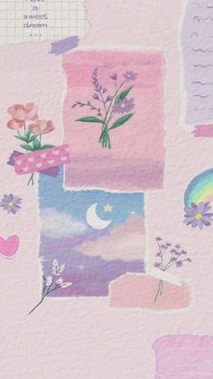 a collage of flowers and hearts on pink paper with words written in the middle