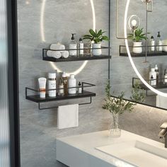 a bathroom with two sinks and shelves filled with personal care items