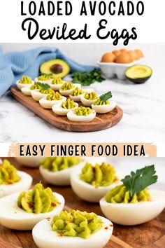 deviled eggs with avocado deviled eggs in them on a cutting board