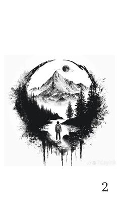 a black and white drawing of a man standing in front of a mountain with trees