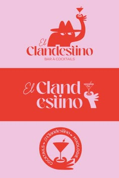 three different logos for a bar called el cland esinoo, which are red and white