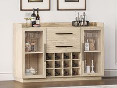 a wooden cabinet with wine glasses and bottles