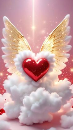 an angel heart with wings floating in the air on top of clouds and sparkles