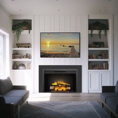 a living room with two couches and a fire place in the middle of it