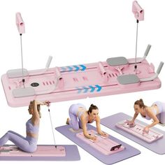 two women doing exercises on exercise mats with one woman stretching and the other is using an exercise machine