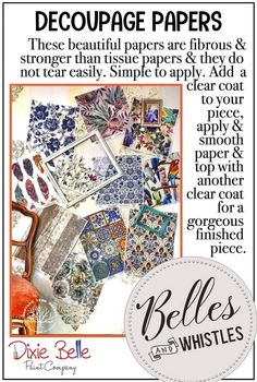 an advertisement for paper crafts with the words, decoupage papers and other items