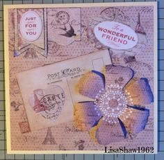 an altered postcard has been decorated with paper flowers and other vintage things to say