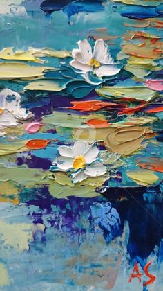 an abstract painting of water lillies and leaves