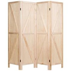 a room divider made out of wood with two doors on each side and one door open