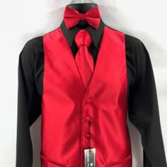 Men's 4 Piece Tuxedo Formal Vest, Tie, Bow Tie & Hanky Set Red With Black Back Striped Pattern By Bruno Piattelli Roma 100% Microfiber Shirt Sold Separately Size 2xl Shirt Sold Separately Made In China Red Chambelan Suits, Emerald Quince Dama Dress, Chambelan Suits Red, Quince Chambelanes Outfits Red And Black, Main Chambelan Outfits Red, Suits For Quinceanera, Red Quinceanera Chambelanes, Red Black Quinceanera Theme, Red Quince Chambelanes Outfits