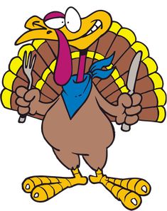 a cartoon turkey holding a knife and fork