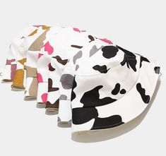 one size cow printed bucket hat. Cow Print Bucket Hat, Army Cap, Trilby Hat, Cap Collection, Fishing Hat, Cow Pattern, Newsboy Cap, Flat Cap, Bucket Hats