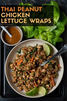 thai chicken lettuce wraps on a plate with dipping sauce