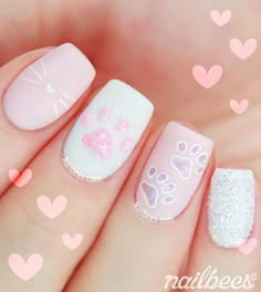 Girls Nail Designs Kids, Kid Nail Designs Cute, Cat Acrylic Nails, Cat Paw Nails, Nail Art Cute Kawaii, Cute Cat Nails, Paw Nail Art, Cat Nails Design, Cat Nail Art Designs