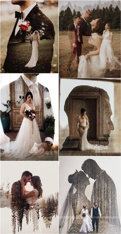 a collage of wedding photos with the bride and groom kissing