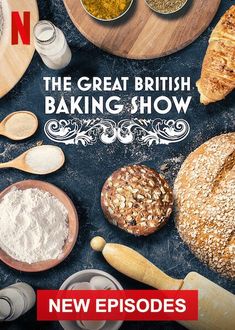 the great british baking show logo with breads, flour and other ingredients on a table