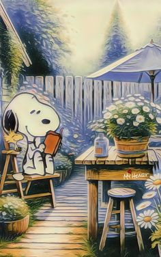 a painting of a snoopy dog sitting on a chair reading a book in the backyard