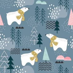 polar bears in the woods with trees and snowflakes on a blue sky background