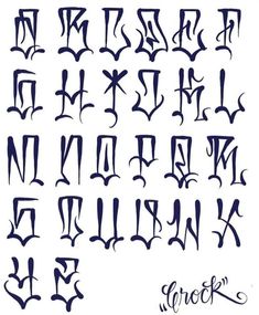 an old english alphabet is shown in blue ink