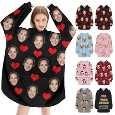 the woman is wearing pajamas with her face on it and many other images are shown