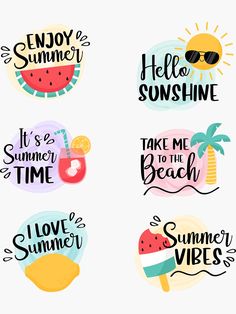 four different summer stickers with the words hello sunshine, watermelon and beach