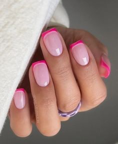 Are you looking for pink or other colored French tip nails for a fresh look? If so, you’ll love these 40 unique nail designs for your next nail set, including this hot pink manicure! Pink Tip Nails, Pink French Nails, Milky Nails, Short Gel Nails, Hot Pink Nails, Pink French, Pink Nail Designs