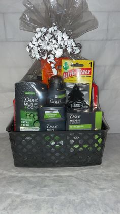 -This basket makes the perfect Valentines gift, birthday or Father's Day gift. Loaded with all of his favorites such as Personal care items, and  candy. All baskets are custom-made to order so each one will vary in appearance and content but they all contain the same inspired look and quality of items. -All baskets will come wrapped tightly and topped with a bow. -If you are interested in other personalized gift baskets that are not currently listed on my page please feel free to message me. -Re Mans Valentine Gift Basket, Diy Mens Valentines Day Basket, Man Valentine Basket, Men’s Gift Baskets Birthday, Mens Valentines Basket Ideas, Mens Raffle Basket Ideas, Male Valentines Day Baskets, Mens Valentines Gift Basket Boyfriends, Guy Valentines Day Basket