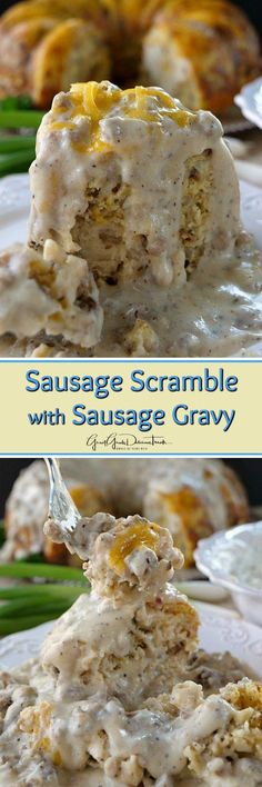 sausage scample with sausage gravy on a white plate